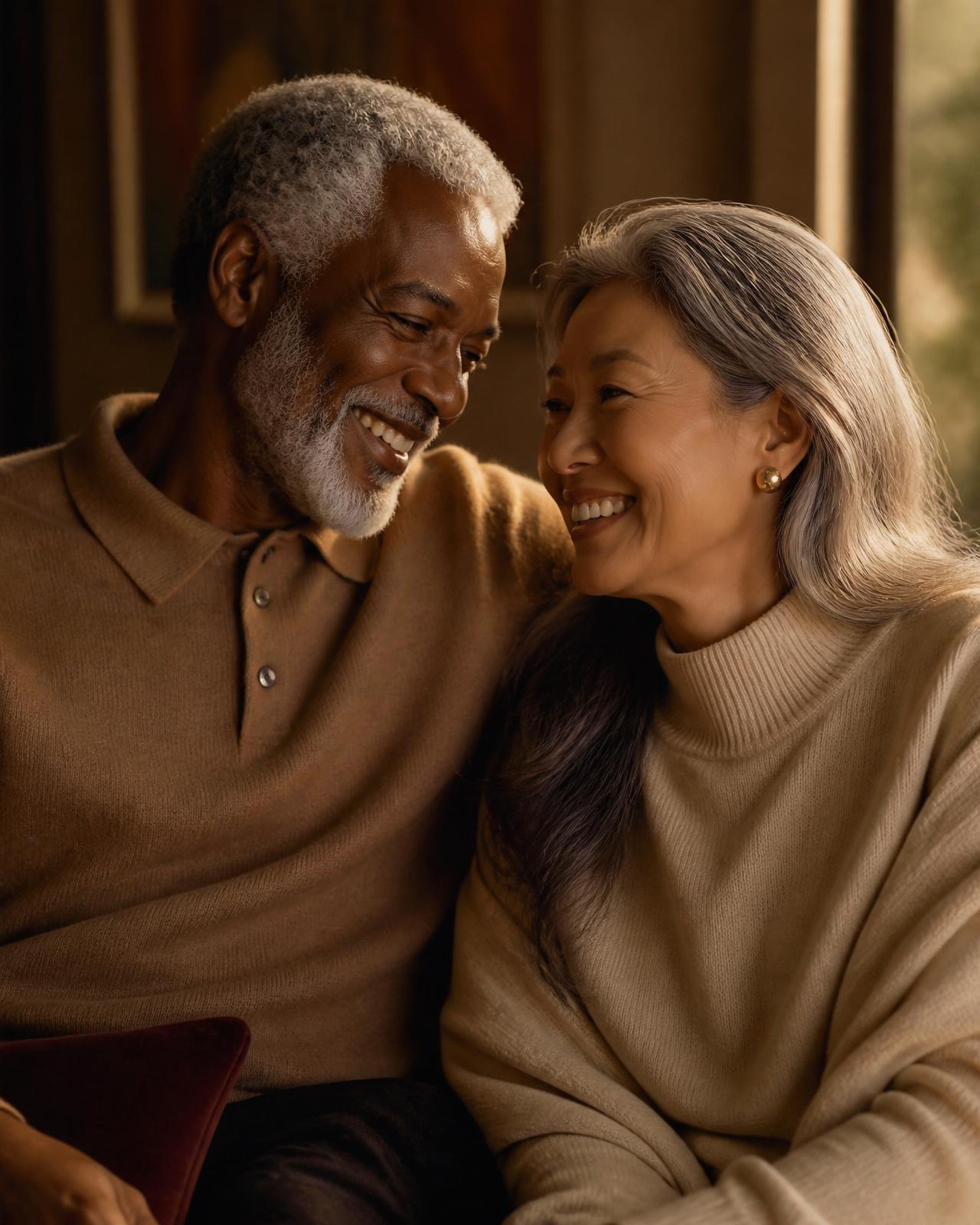 A mature couple sharing an intimate moment, foreheads touching