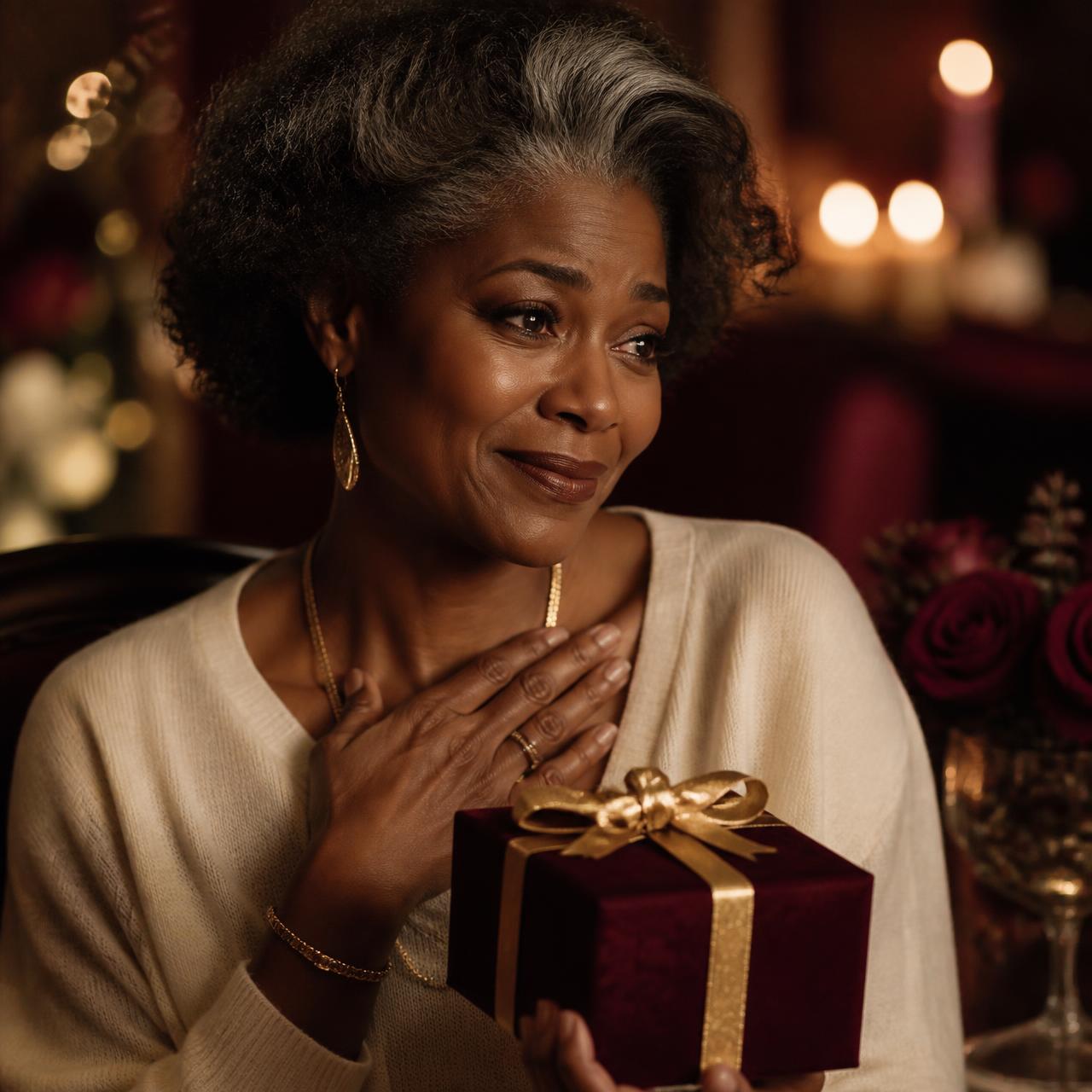 A mature woman receiving a burgundy gift box with gold ribbon on her birthday