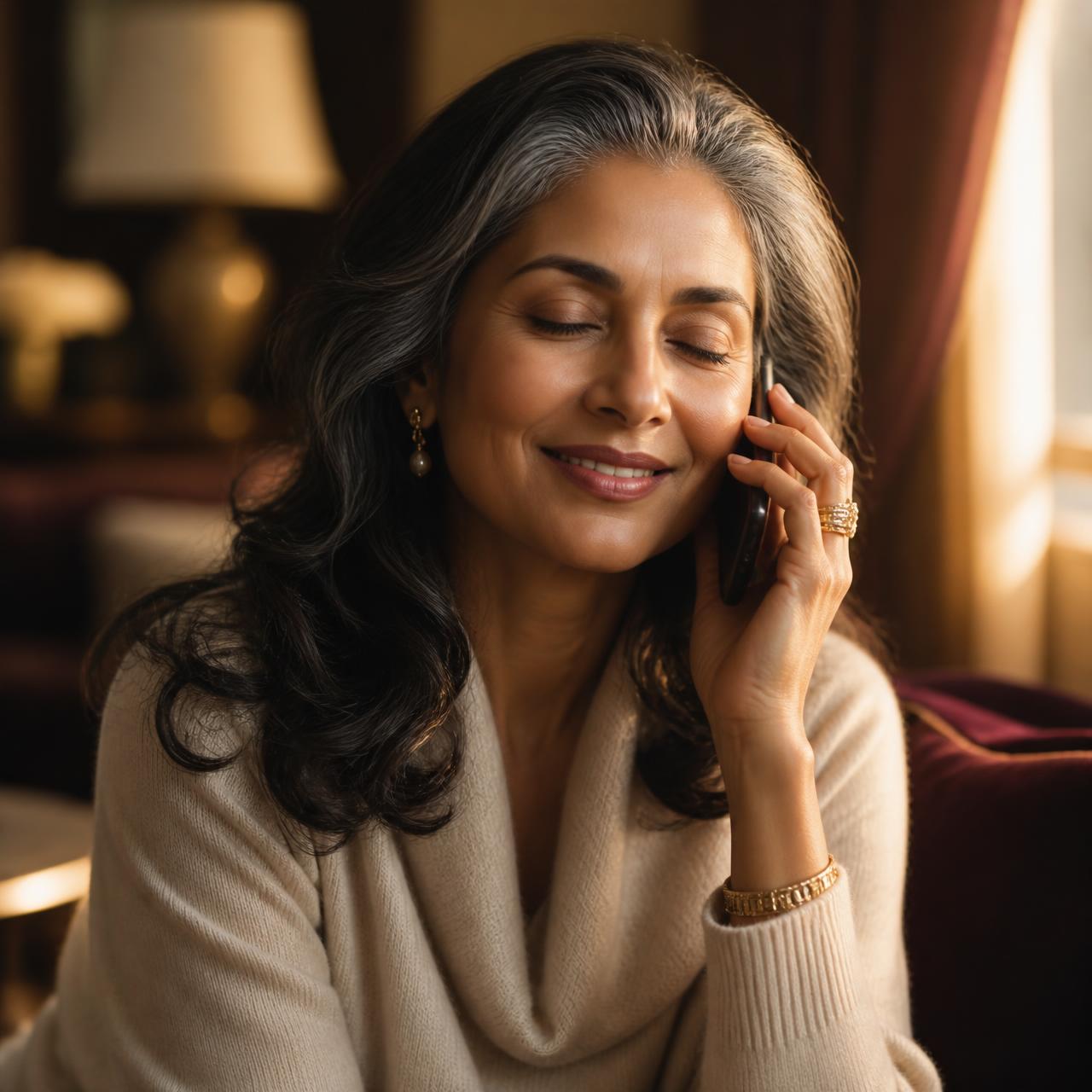 A mature woman listening warmly to a voice message